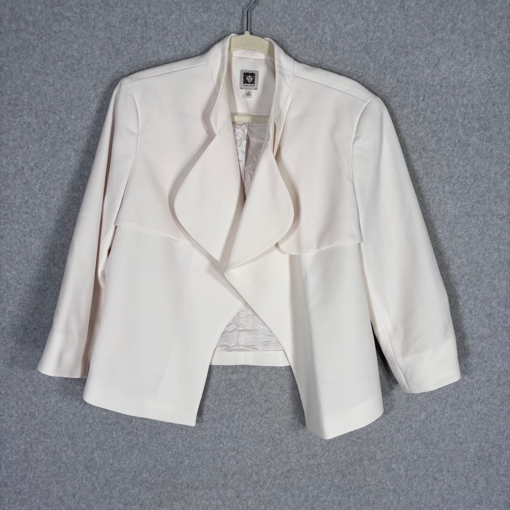 Anne Klein‎ Cropped Textured Blazer 14 Ivory Open Front Draped Collar Minimalist